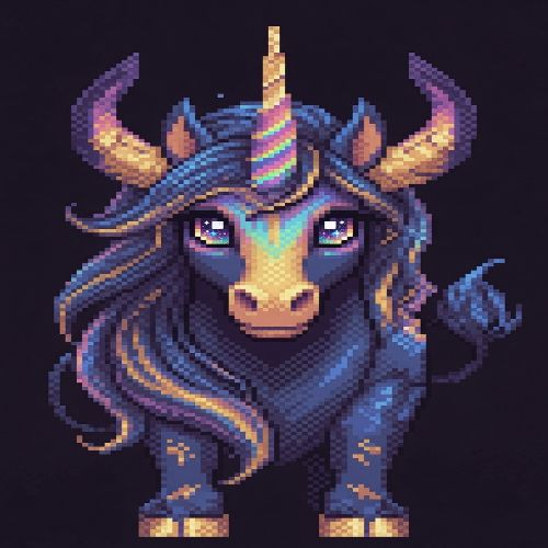 Unicorn Bull pixel-art mascot with rainbow horn and golden bull horns